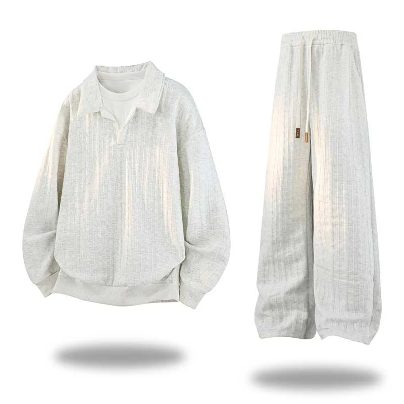 Herren Oversize Strukturiertes Lounge‑Set mit Polokragen, Zopfmuster‑Optik & weitem Bein Drune