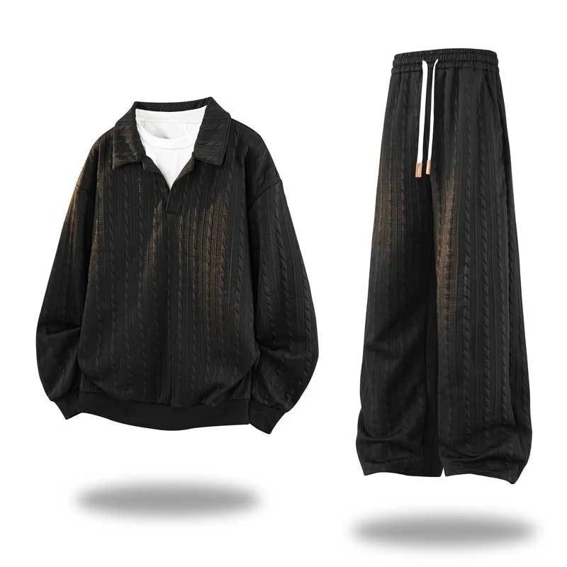 Herren Oversize Strukturiertes Lounge‑Set mit Polokragen, Zopfmuster‑Optik & weitem Bein Drune
