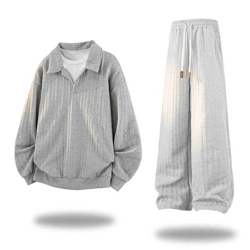 Herren Oversize Strukturiertes Lounge‑Set mit Polokragen, Zopfmuster‑Optik & weitem Bein Drune