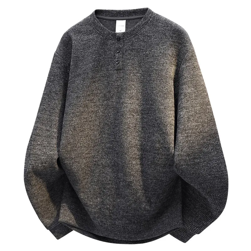 Herren Oversize Strukturierter Henley-Strickpullover mit dreifacher Knopfleiste Drune