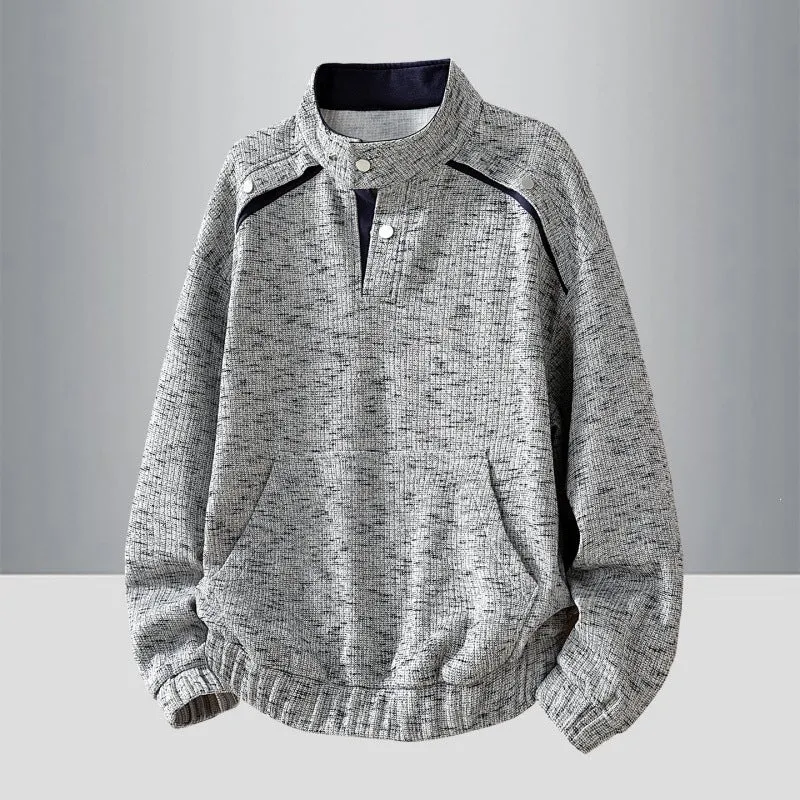 Herren Oversize Struktur-Halbzip-Strickpullover mit Stehkragen, Druckknopfblende & Kängurutasche Drune