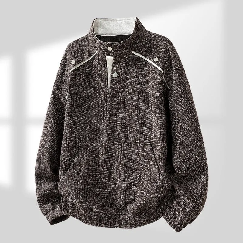 Herren Oversize Struktur-Halbzip-Strickpullover mit Stehkragen, Druckknopfblende & Kängurutasche Drune