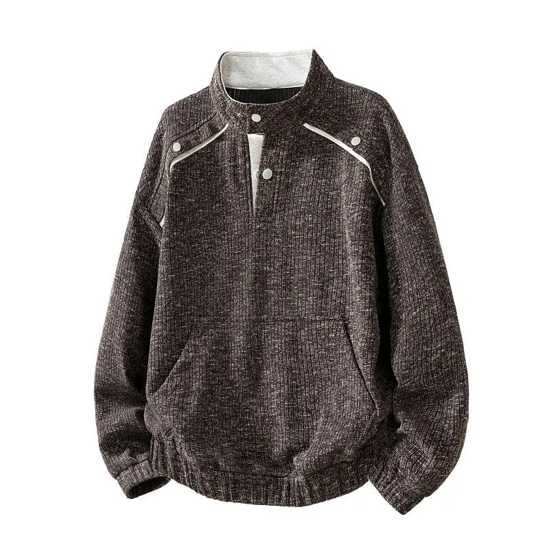 Herren Oversize Struktur-Halbzip-Strickpullover mit Stehkragen, Druckknopfblende & Kängurutasche Drune