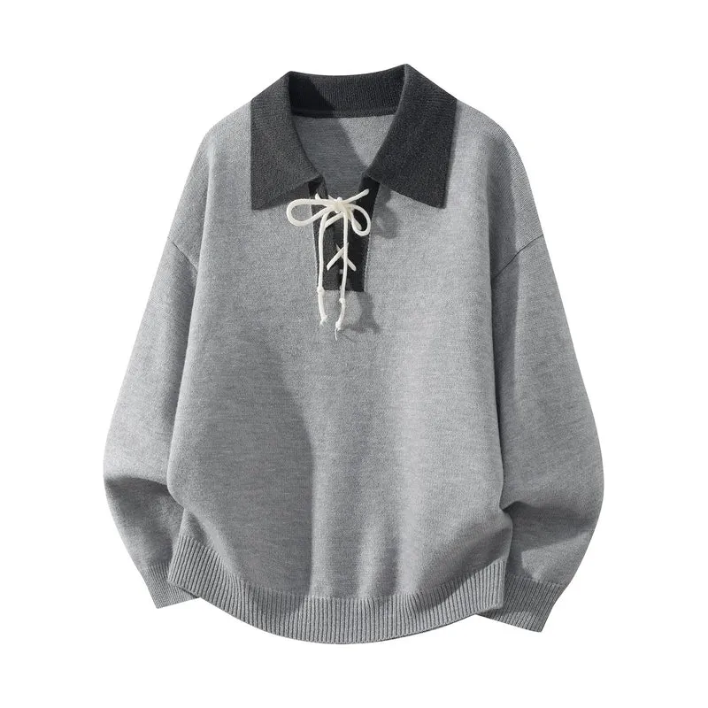 Herren Oversize Strickpullover mit Hemdkragen, Kordelhalsschließe & gerippten Abschlüssen Drune