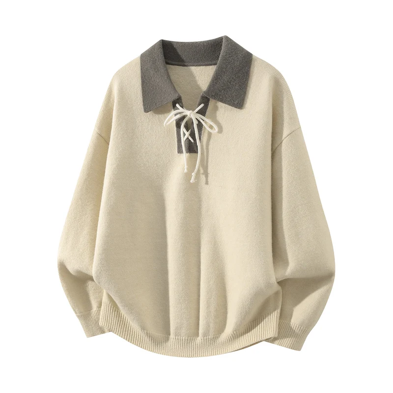 Herren Oversize Strickpullover mit Hemdkragen, Kordelhalsschließe & gerippten Abschlüssen Drune