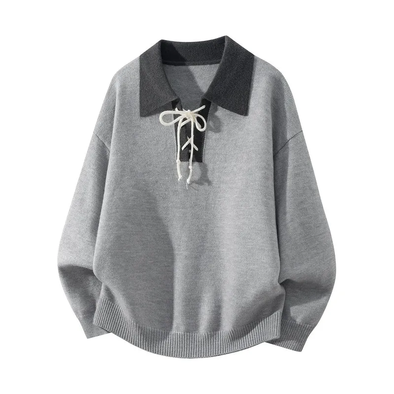 Herren Oversize Strickpullover mit Hemdkragen, Kordelhalsschließe & gerippten Abschlüssen Drune