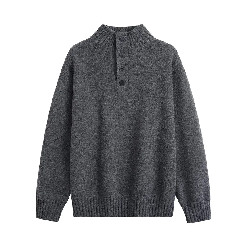 Herren Oversize-Strickpullover mit halber Knopfleiste, hohem Rippkragen & geripptem Saum Drune