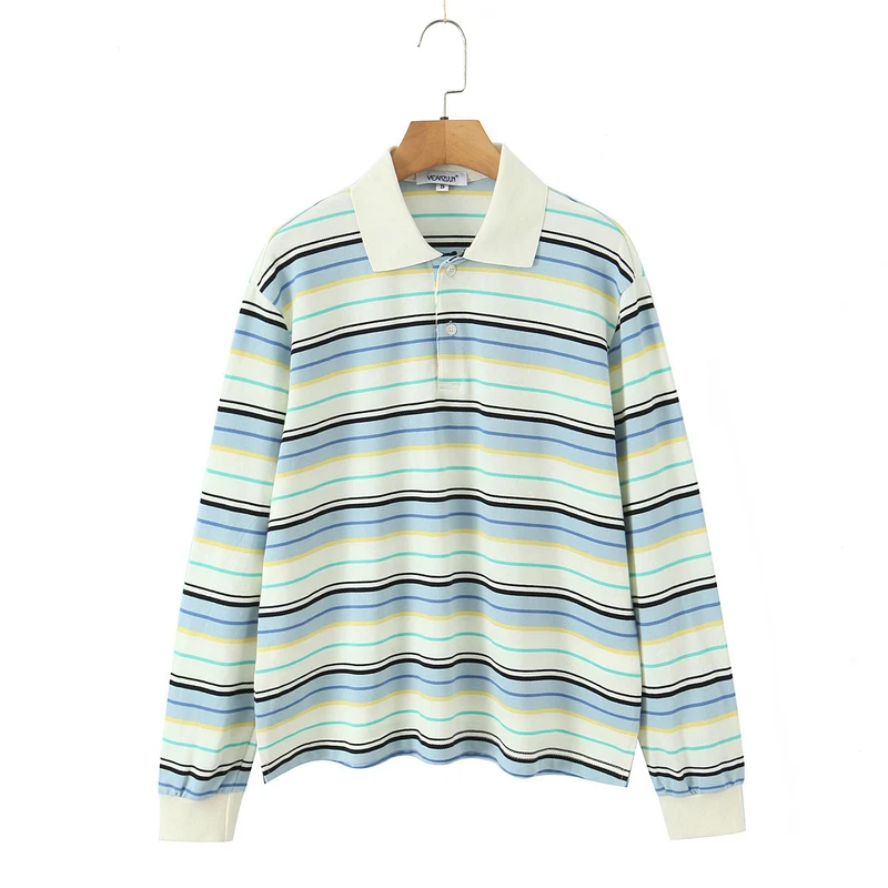 Herren Langarm-Poloshirt im Retro Streifenlook mit Kontrastkragen Drune