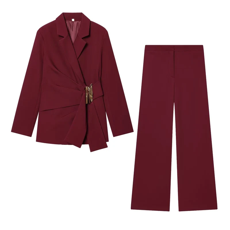 Damen Zweiteiliges Wickelblazer- und Palazzo-Anzugset mit Ziergürtel Drune