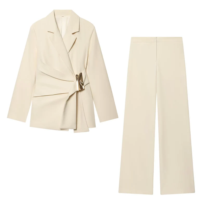 Damen Zweiteiliges Wickelblazer- und Palazzo-Anzugset mit Ziergürtel Drune