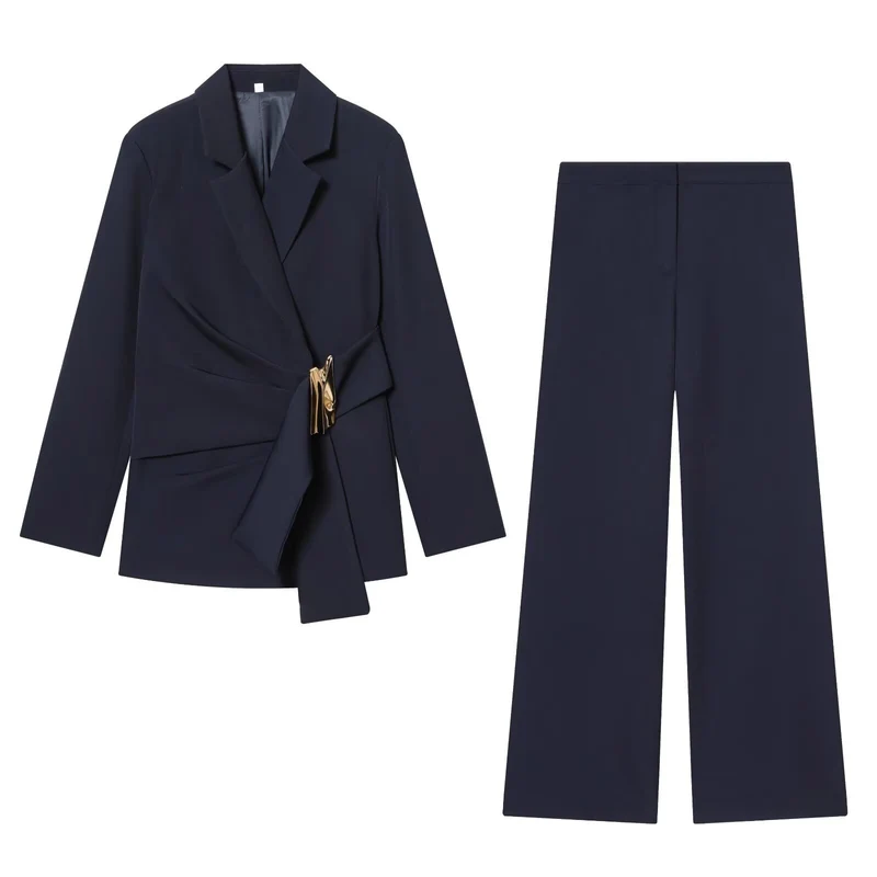 Damen Zweiteiliges Wickelblazer- und Palazzo-Anzugset mit Ziergürtel Drune