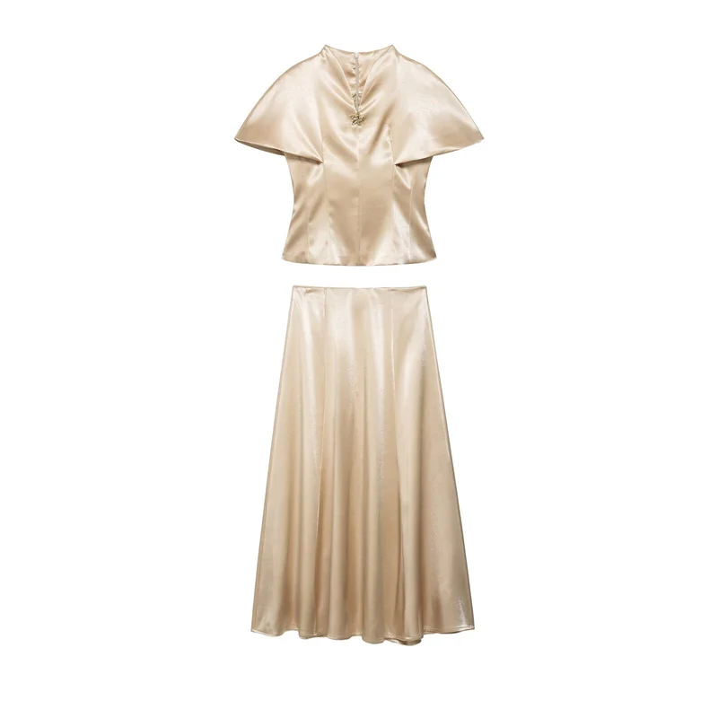 Damen Zweiteiliges Satin-Set mit Cape-Top und fließendem A-Linien-Rock Drune