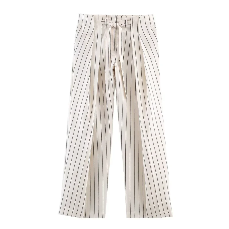 Damen Zweiteiliges Lässiges Nadelstreifen-Set: Stehkragen-Bluse & Weite Highwaist-Hose Drune