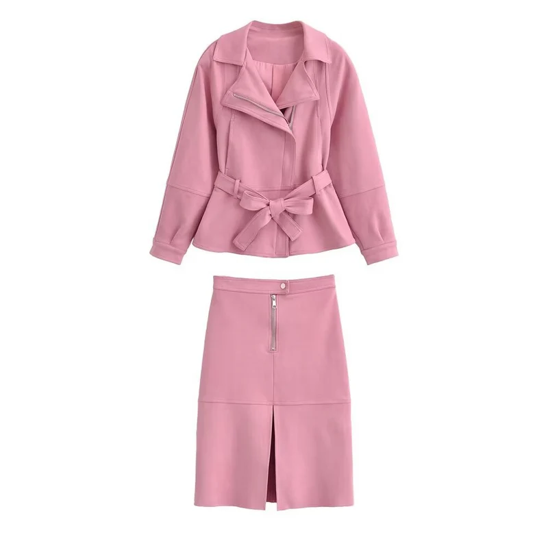 Damen Zweiteiliges Kunstleder-Set mit taillierter Bikerjacke, Bindegürtel und Midirock Drune