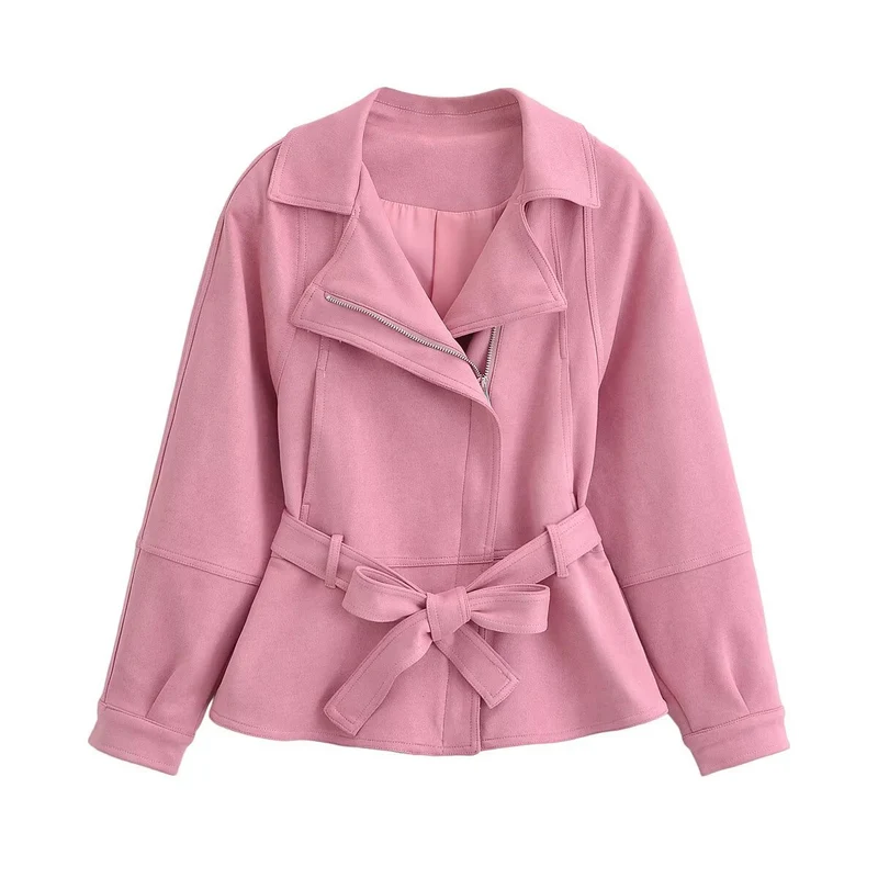 Damen Zweiteiliges Kunstleder-Set mit taillierter Bikerjacke, Bindegürtel und Midirock Drune
