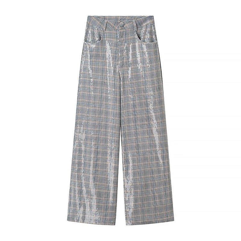 Damen Zweiteiliges Glencheck-Blazer- und Weite-Hosen-Set mit metallischem Glanz Drune