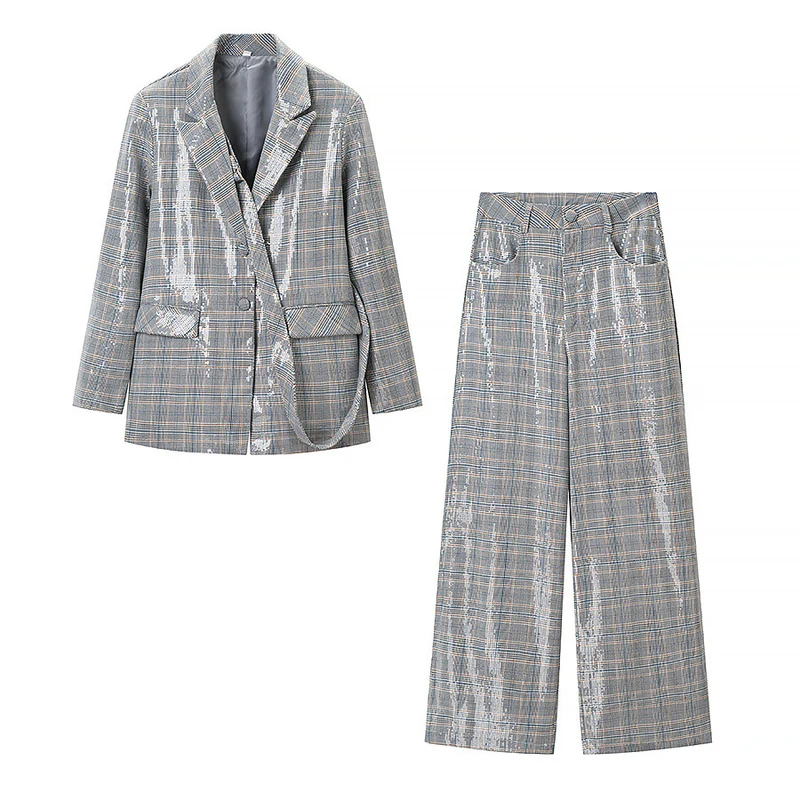 Damen Zweiteiliges Glencheck-Blazer- und Weite-Hosen-Set mit metallischem Glanz Drune