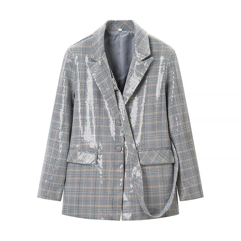 Damen Zweiteiliges Glencheck-Blazer- und Weite-Hosen-Set mit metallischem Glanz Drune