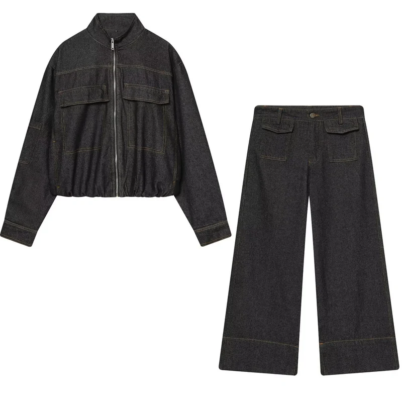 Damen Zweiteiliges Denim-Set mit Cropped-Zipjacke und weiter Highwaist-Jeans Drune