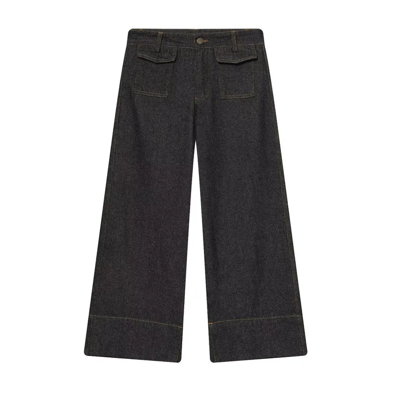 Damen Zweiteiliges Denim-Set mit Cropped-Zipjacke und weiter Highwaist-Jeans Drune