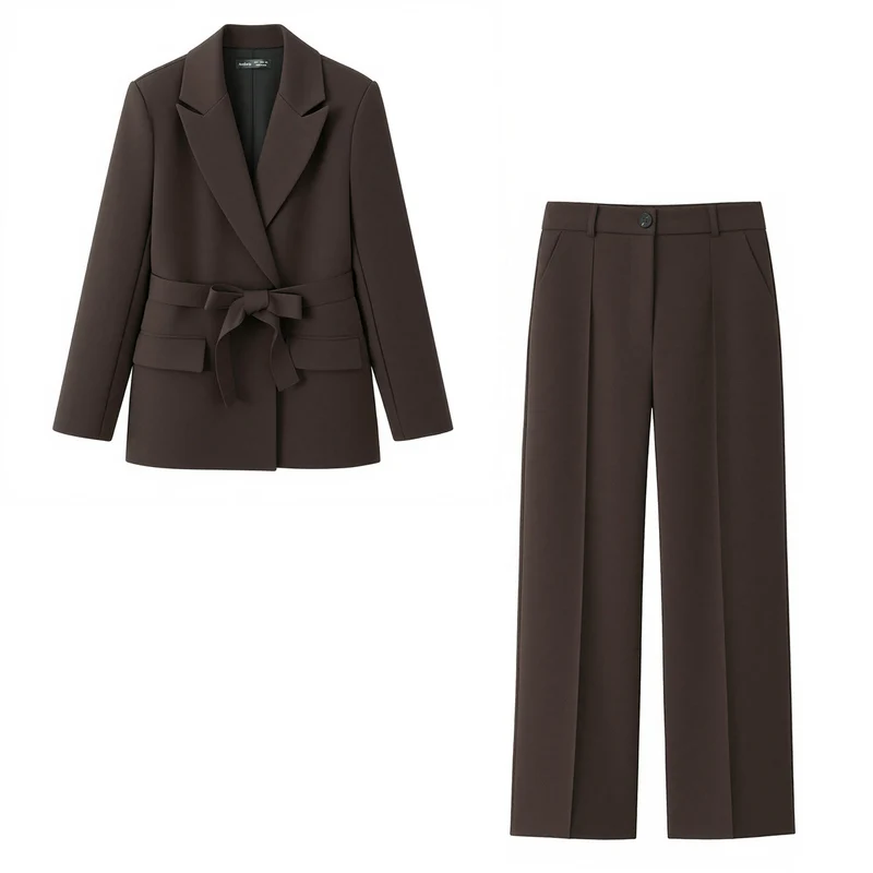 Damen Zweiteiliges Blazer-Set mit Bindegürtel, tailliertem Sakko und hochtaillierter weiter Hose Drune