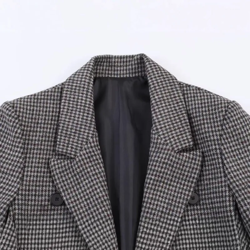 Damen Zweireihiger Hahnentritt-Blazer mit offenem Schlitz-Saum und taillierter Silhouette Drune