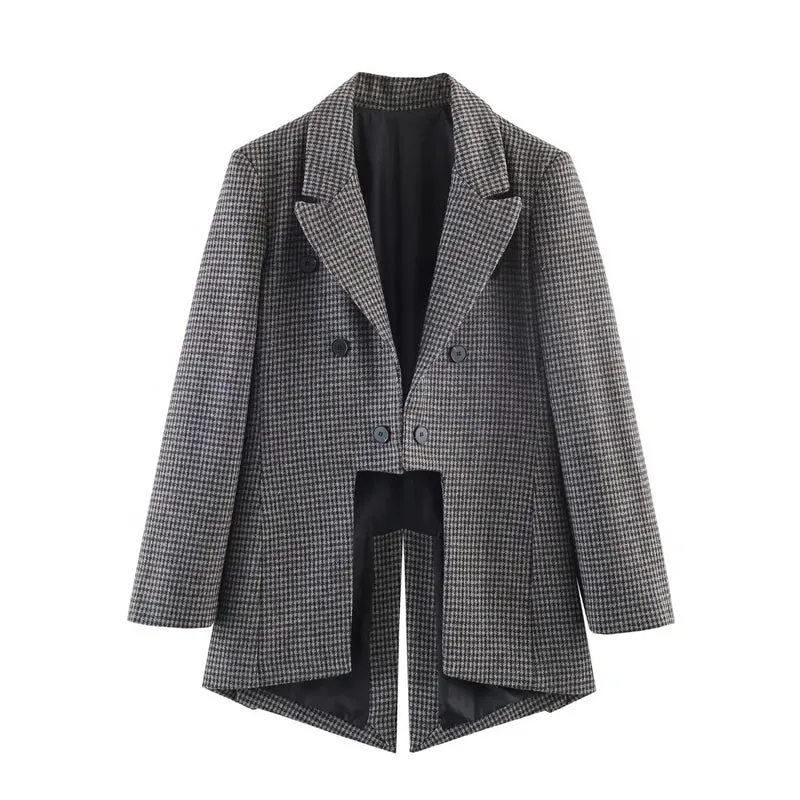 Damen Zweireihiger Hahnentritt-Blazer mit offenem Schlitz-Saum und taillierter Silhouette Drune