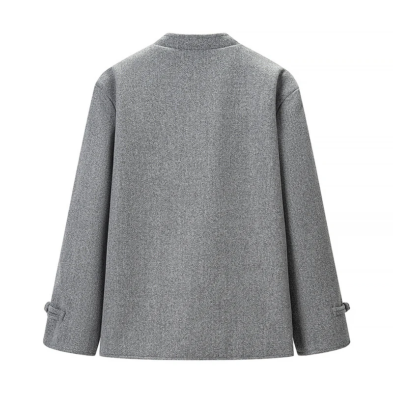 Damen Wolloptik-Kurzjacke mit Stehkragen und Knotenverschlüssen Drune