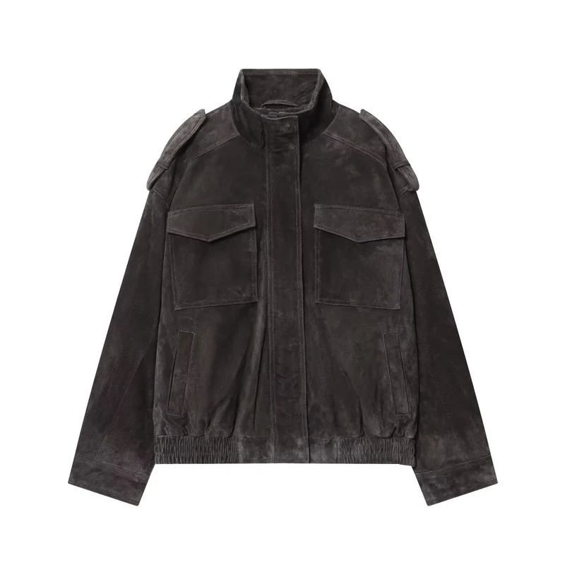 Damen Wildleder-Fieldjacke mit Stehkragen, Epauletten und aufgesetzten Brusttaschen Drune