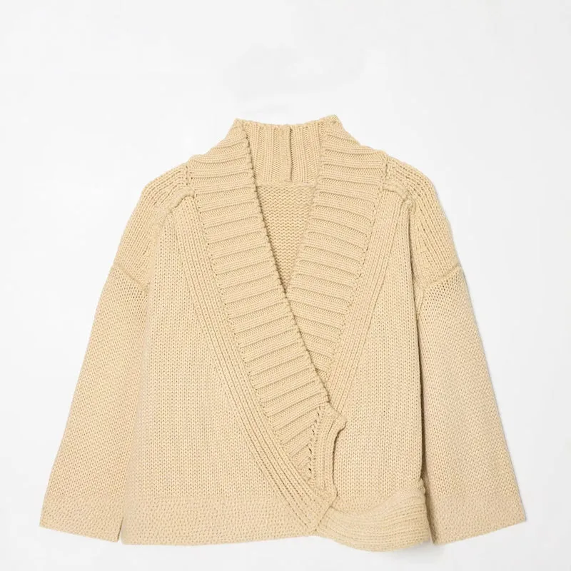 Damen Wickel-Strickcardigan mit Schalkragen, Bindegürtel und Häkelärmeln Drune