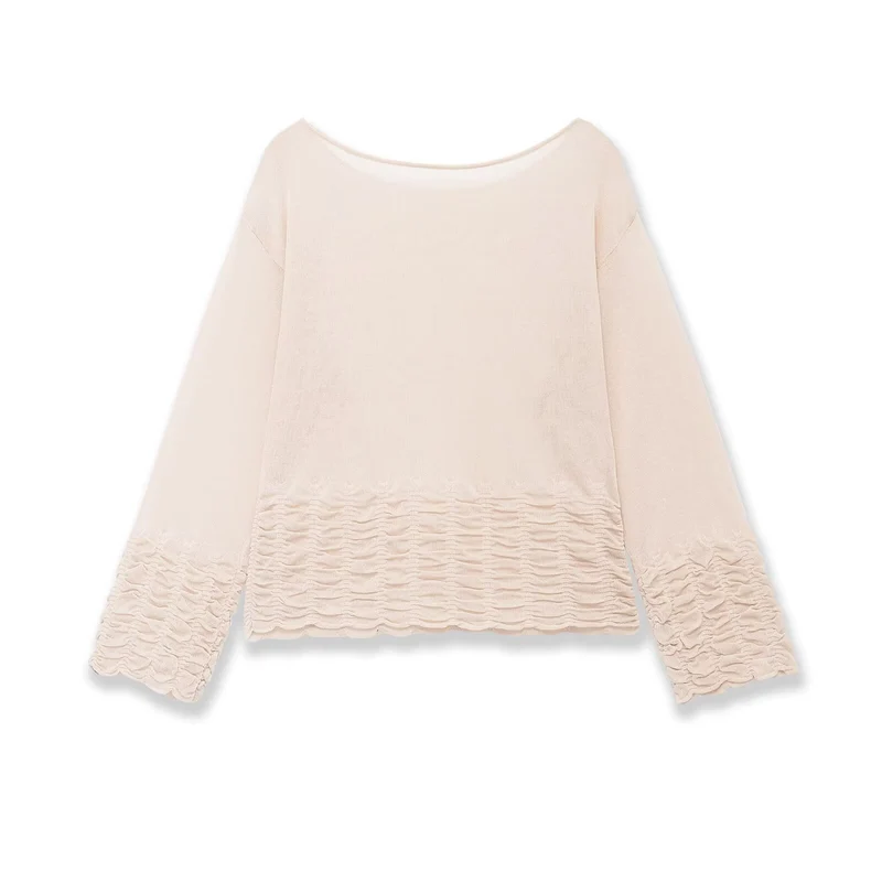 Damen Weites Strickpullover-Top mit U-Boot-Ausschnitt und gerafftem Volantsaum Drune