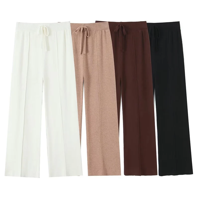Damen weite Strickhose mit hoher Taille, sichtbarer Bügelfalte und Kordelzugbund Drune