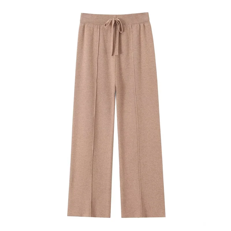 Damen weite Strickhose mit hoher Taille, sichtbarer Bügelfalte und Kordelzugbund Drune