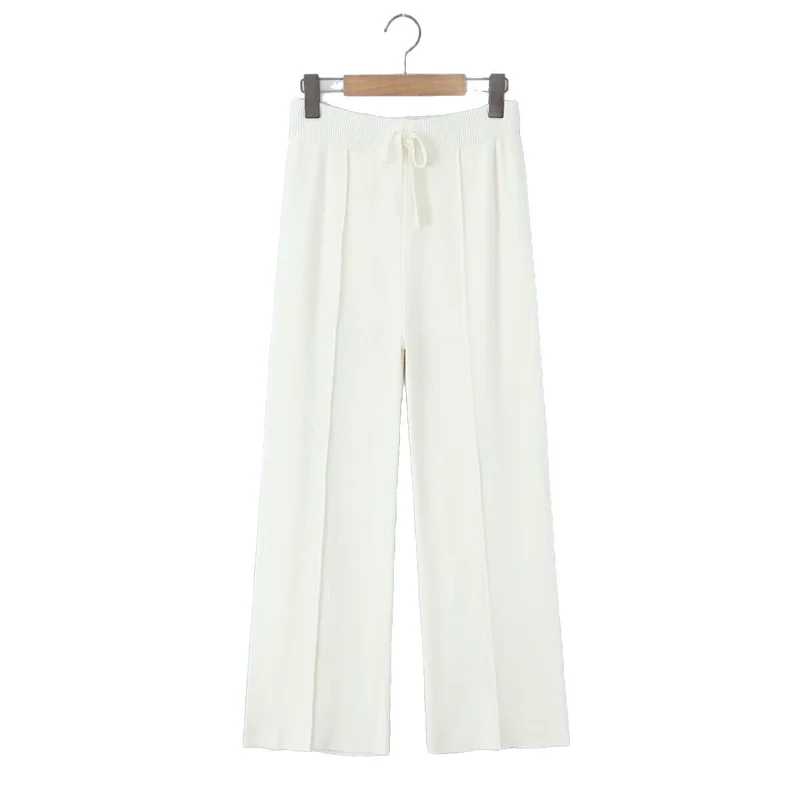 Damen weite Strickhose mit hoher Taille, sichtbarer Bügelfalte und Kordelzugbund Drune