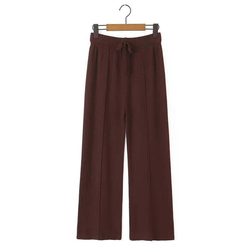 Damen weite Strickhose mit hoher Taille, sichtbarer Bügelfalte und Kordelzugbund Drune