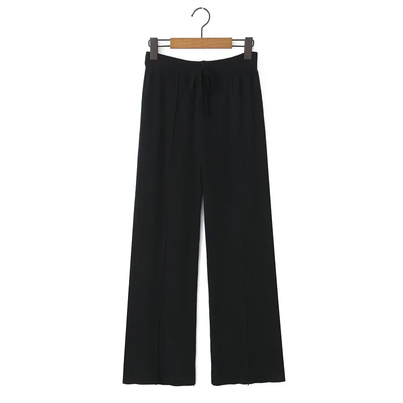 Damen weite Strickhose mit hoher Taille, sichtbarer Bügelfalte und Kordelzugbund Drune