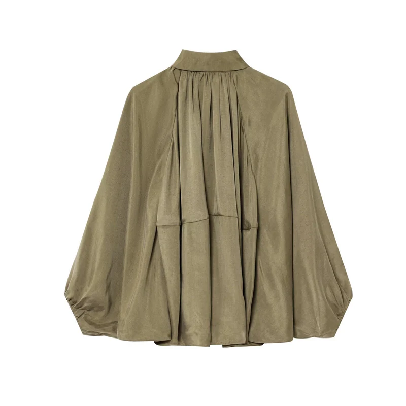 Damen Weite plissierte Hemdblusen-Jacke mit Hemdkragen, Reißverschluss und ballonförmigem Saum Drune