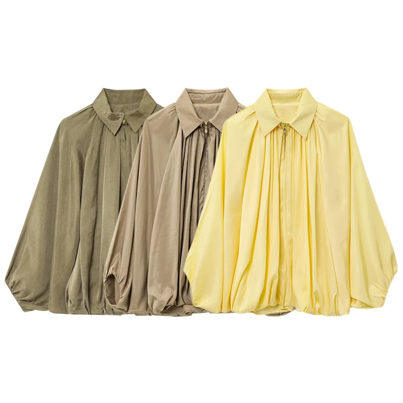 Damen Weite plissierte Hemdblusen-Jacke mit Hemdkragen, Reißverschluss und ballonförmigem Saum Drune