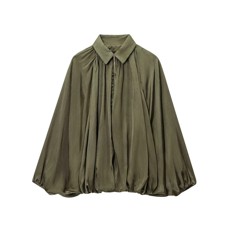 Damen Weite plissierte Hemdblusen-Jacke mit Hemdkragen, Reißverschluss und ballonförmigem Saum Drune