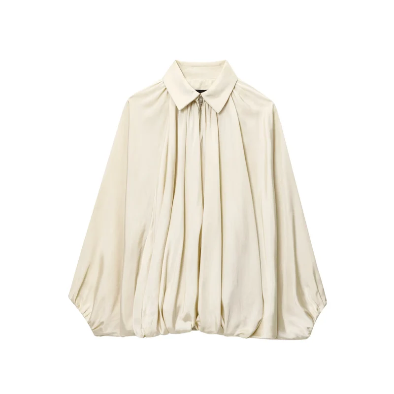 Damen Weite plissierte Hemdblusen-Jacke mit Hemdkragen, Reißverschluss und ballonförmigem Saum Drune