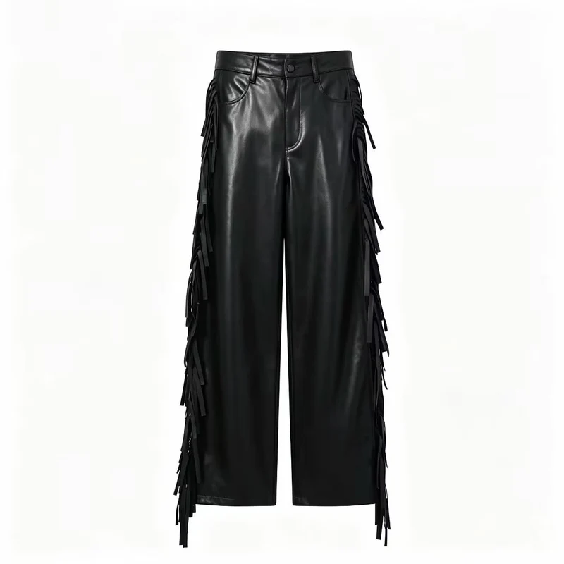 Damen Weite Kunstleder-Culotte mit seitlichen Fransen Drune