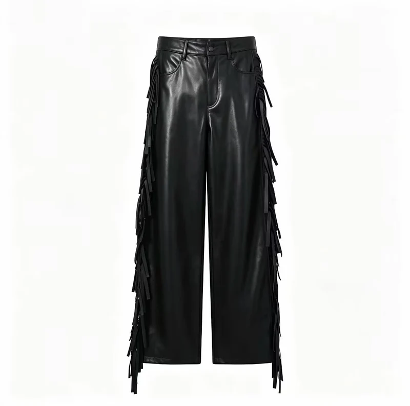 Damen Weite Kunstleder-Culotte mit seitlichen Fransen Drune
