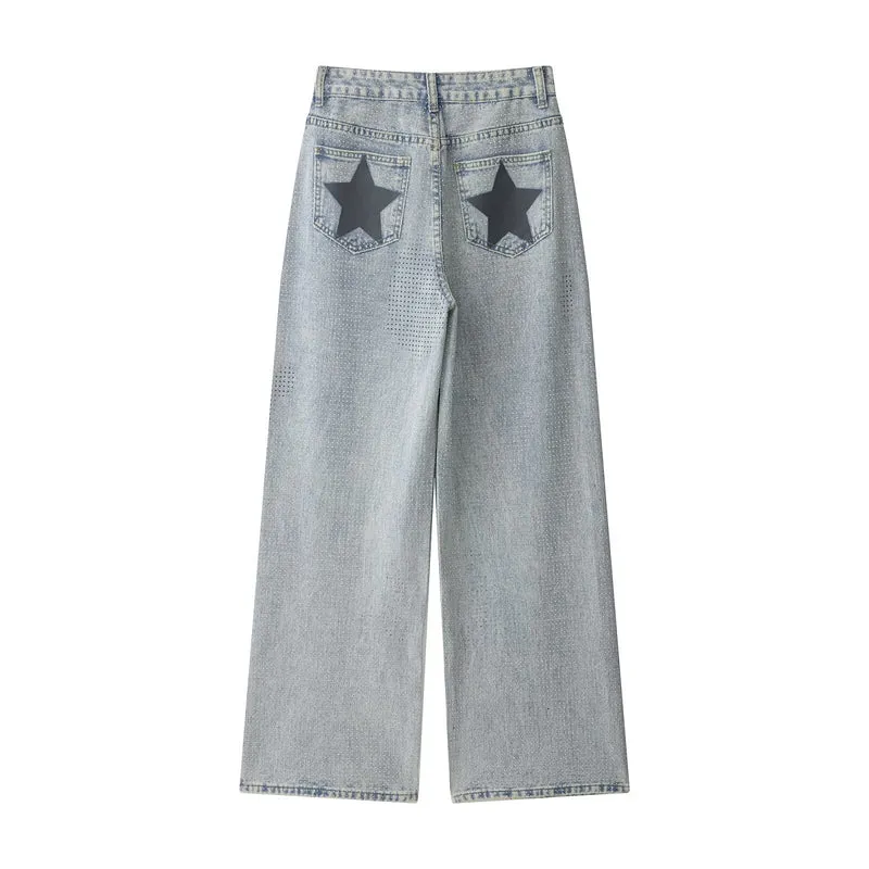 Damen Weite hochtaillierte Jeans mit weitem Bein und mikroperforiertem Muster Drune
