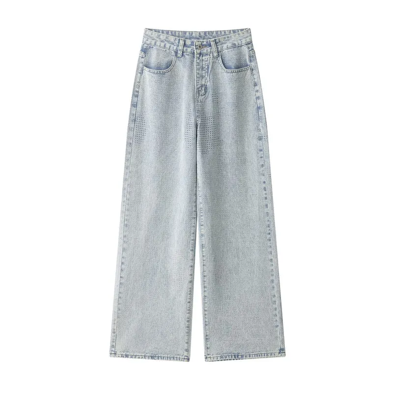 Damen Weite hochtaillierte Jeans mit weitem Bein und mikroperforiertem Muster Drune
