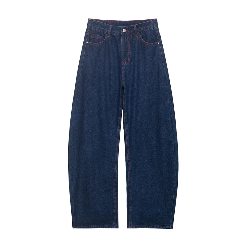Damen Weite High‑Waist-Jeans mit mittlerer Leibhöhe, geradem Bein und kontrastfarbigen Ziernähten Drune