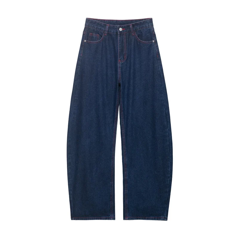 Damen Weite High‑Waist-Jeans mit mittlerer Leibhöhe, geradem Bein und kontrastfarbigen Ziernähten Drune