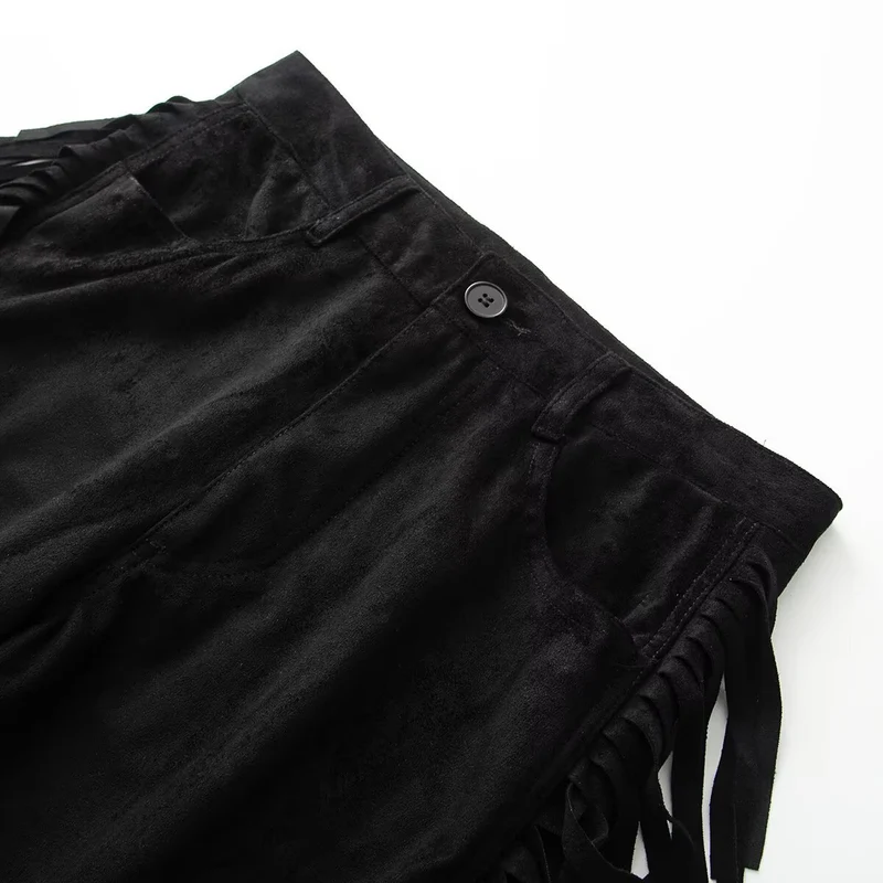 Damen Weite High-Waist-Hose mit seitlichen Fransen und Knopfverschluss Drune