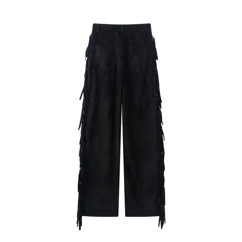 Damen Weite High-Waist-Hose mit seitlichen Fransen und Knopfverschluss Drune