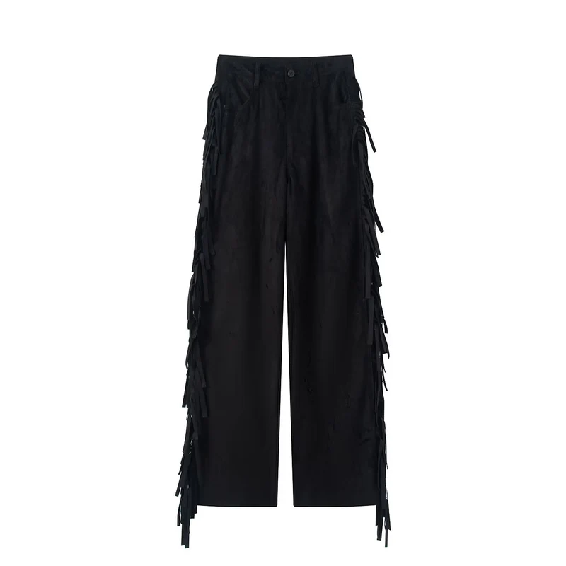 Damen Weite High-Waist-Hose mit seitlichen Fransen und Knopfverschluss Drune