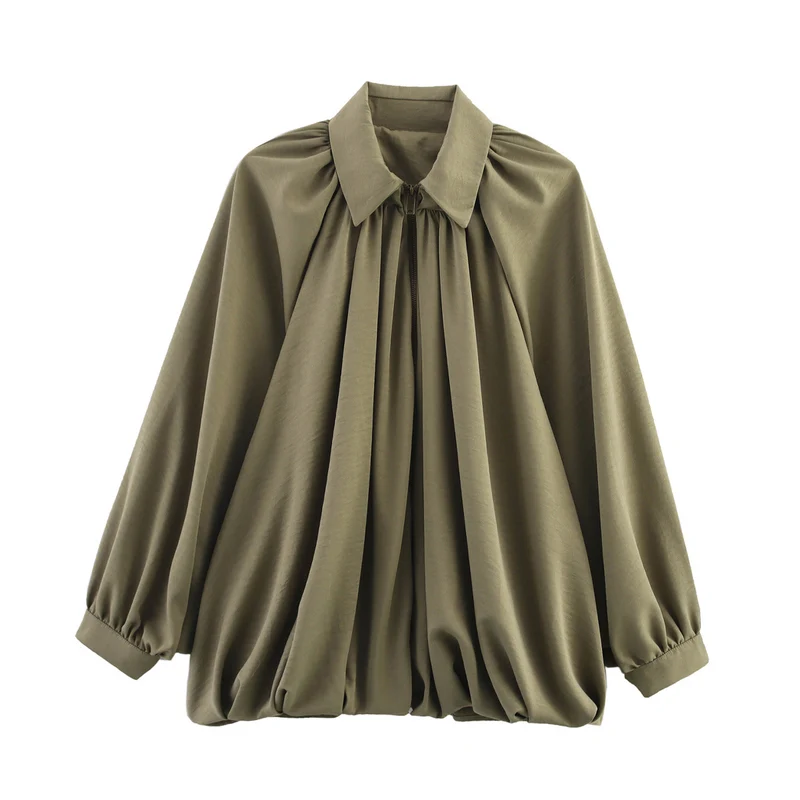 Damen Weite geraffte Blusenjacke mit Reißverschluss und Ballonärmeln Drune